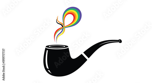 A black pipe exhales a rainbow-colored smoke cloud against a white background