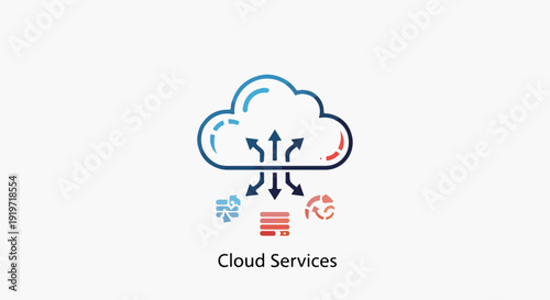 Cloud computing services concept with data flow arrows. Digital technology, network infrastructure, data storage, and online solutions icon for business and IT.