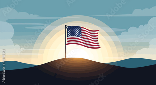 American flag waving on hill at sunrise, patriotism symbol
