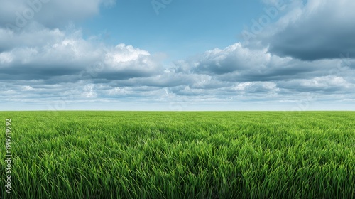 Lush Green Grass Under Bright Blue Sky with Clouds and Expansive Horizon Perfect for Nature and Landscape Photography Needs