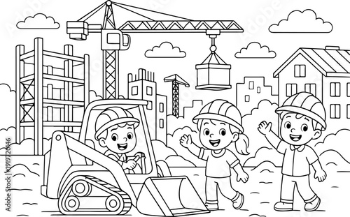 hand drawn vector doodle illustration of detailed construction site coloring page for kids line art