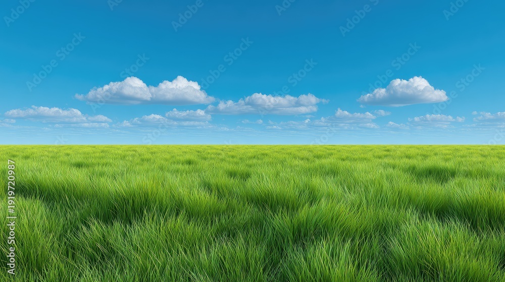 Obraz premium Lush Green Grass Field Under a Bright Blue Sky with Fluffy White Clouds on a Sunny Day Creating a Peaceful and Tranquil Nature Scene