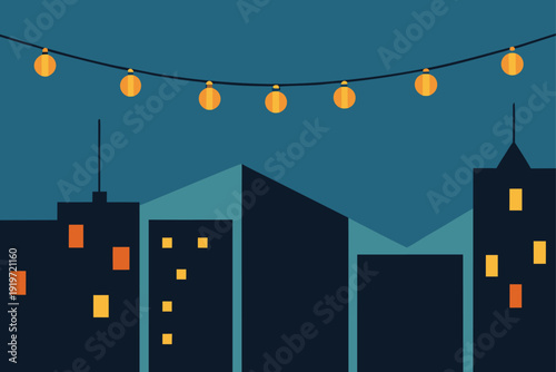 Urban Night Scene with Festive String Lights Hanging Between City Buildings