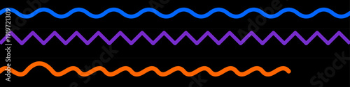 Abstract vector banner with three distinct horizontal waveforms in blue, purple, and orange on a black background. Minimalist geometric sound waves and digital signal visualization