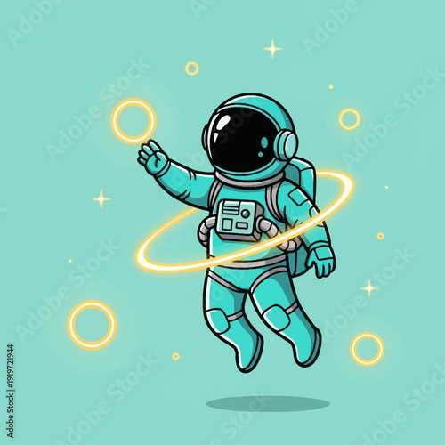 Cute astronaut floating in space with glowing rings and stars