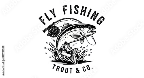 Fly Fishing Trout Jumping Out of Water with Rod and Reel Logo