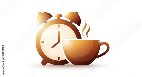 Brown alarm clock and steaming cup of coffee on white background morning routine concept