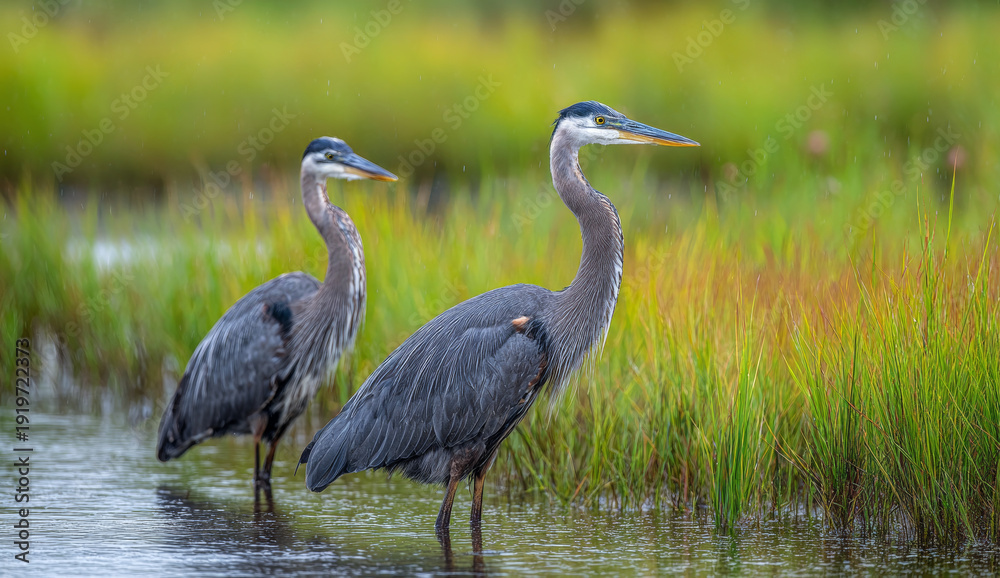 Naklejka premium Two great blue herons standing in shallow water of a wetland with tall green reeds