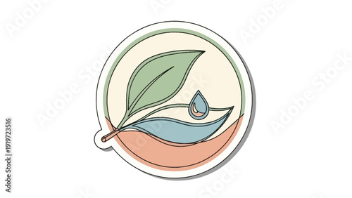 Vector illustration of a circle adorned with green leaves and eco nature symbols like ocean waves and the sun for a summer travel logo.