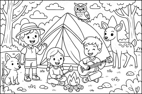 Detailed Camping hand drawn vector illustration doodle art line art coloring page for kids