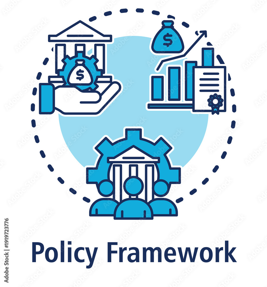 Ταπετσαρία Policy Framework blue concept icon with Monetary Policy, Fiscal Policy, Corporate Governance