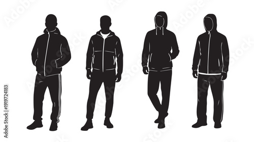 Silhouettes of men in various casual poses in dark attire against white background for apparel marketing