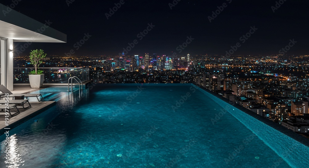 Naklejka premium Luxury Rooftop Infinity Pool at Night Overlooking City Skyline View – Modern Hotel Design