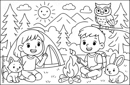 Detailed Camping hand drawn vector illustration doodle art line art coloring page for kids