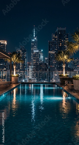 Luxury Rooftop Infinity Pool at Night with Downtown Dubai Skyline View