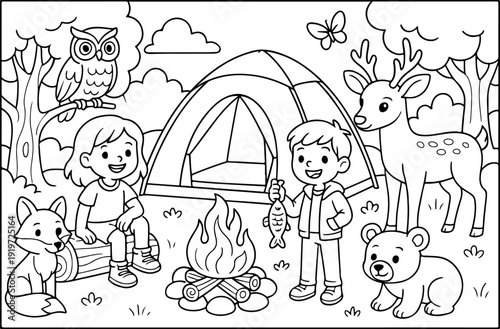Detailed Camping hand drawn vector illustration doodle art line art coloring page for kids