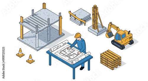 Construction Site with Architect and Machinery.