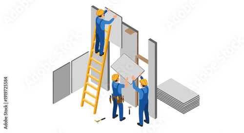 Construction Workers Installing Drywall Panels.