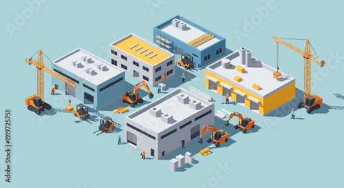 Isometric Industrial Buildings Under Construction Site.