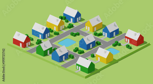 Isometric Neighborhood with Colorful Houses and Streets.