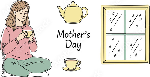Calm woman sitting cross legged sipping tea with pink sweater green pants near rainy window frame simple line art with teapot and cup celebrating mothers day cozy peaceful scene
