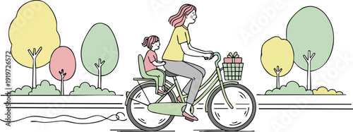 Minimalist vector art side view of mother riding green bicycle with child sitting on rear seat and basket of gifts in park with colorful trees and bushes