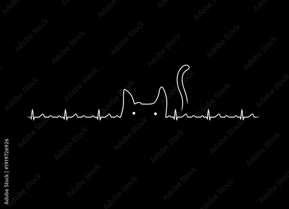 Fototapeta premium Cute Cat Shape Integrated with Heartbeat Line on Dark Background