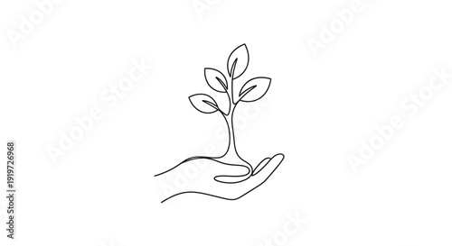 Hand Holding Small Plant Simple Line Drawing.