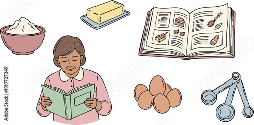 Colorful vector art of middle aged woman reading recipe book with baking ingredients including eggs flour butter and measuring spoons isolated on white background