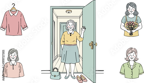 Colorful illustration of elderly woman standing in doorway waving with handbag shoes and floral bouquet with multiple portraits showing pastel colored clothing styles and facial expressions