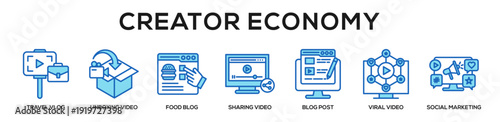 Blue - Creator Economy web banner icon vector illustration concept for business with icon of travel vlog, unboxing video, food blog, sharing video, blog post, viral video, social.