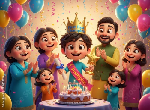 Happy boy celebrates birthday with family surrounded by colorful balloons and confetti