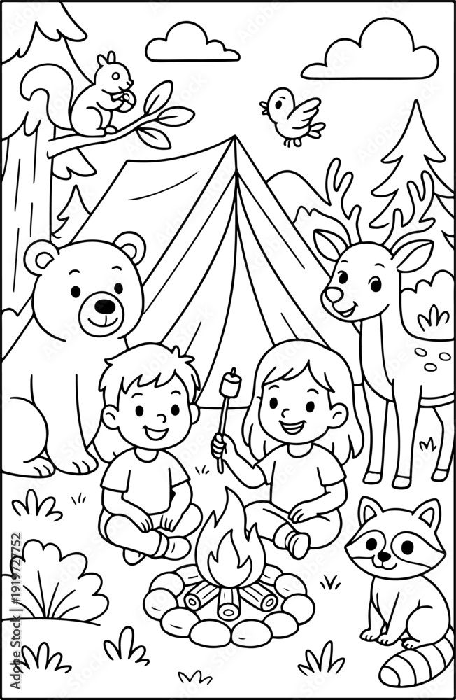Fototapeta premium Detailed Camping hand drawn vector illustration doodle art line art coloring page for kids