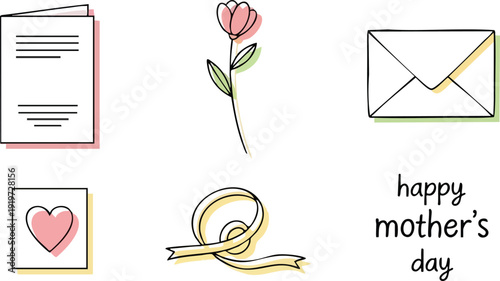 Minimalist vector icons set featuring letter envelope flower ribbon heart and happy mothers day text handwritten style pastel colors simple design elegant layout isolated on white background