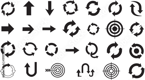 Black and white arrow on white background arrows directional symbols 2 circular arrows targets