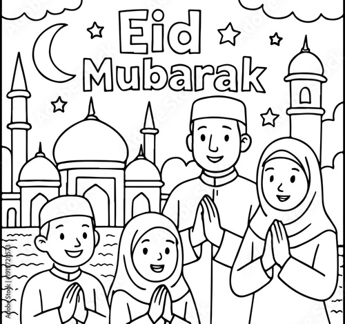 islamic Eid mubarak hand drawn vector illustration doodle art line art coloring page for kids