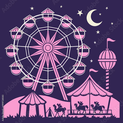 Pink Ferris Wheel and Carnival at Night