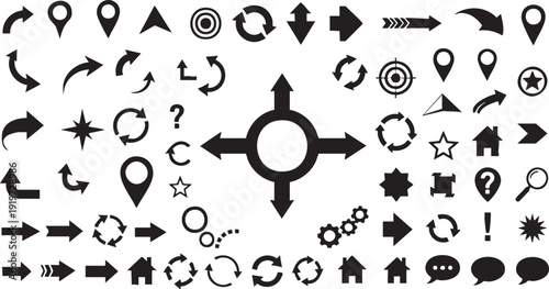 Black and white collection of various navigation and direction navigation direction arrows