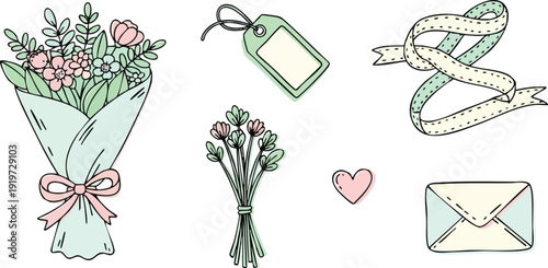 Delicate pastel colored hand drawn bouquet with wrapped flowers tied with pink bow along with price tag measuring tape small heart and envelope elements in vector style