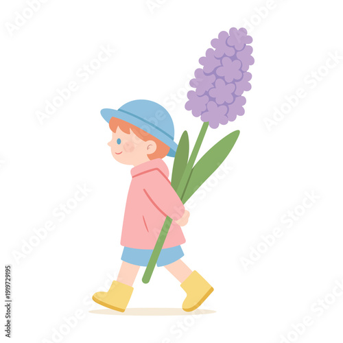 Cute little boy holding big purple spring flower. Vector illustration. Perfect for children books, greeting cards, nursery decor and seasonal spring design.