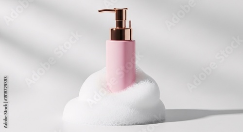 Pink cosmetic pump bottle standing in a pile of white fluffy soap foam against a clean white background with soft minimalist shadows.