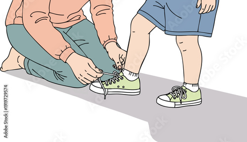 Minimalist vector art showing adult tying shoelaces on child green sneakers close up side view with casual clothing indoors illustrating parent helping kid with shoes