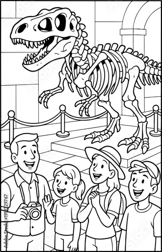 dinosaur Skeleton in natural history museum hand drawn vector illustration doodle art line art coloring page for kids