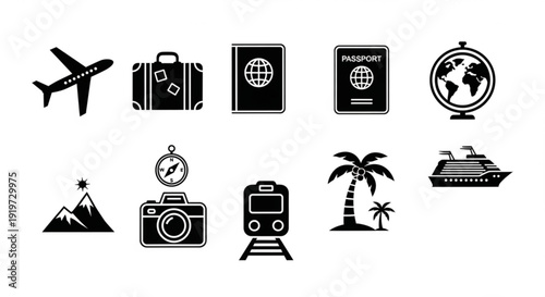 Travel icons set including airplane luggage passport globe mountain clock camera train palm tree and cruise ship for vacation and adventure