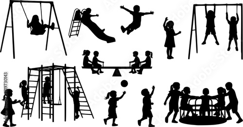 Children girl and boy playing different games in the playground vector silhouette collection