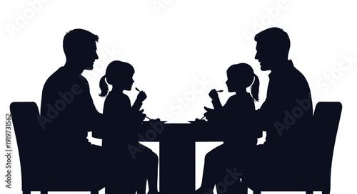 Family Silhouette Sitting Together Drinking Coffee.