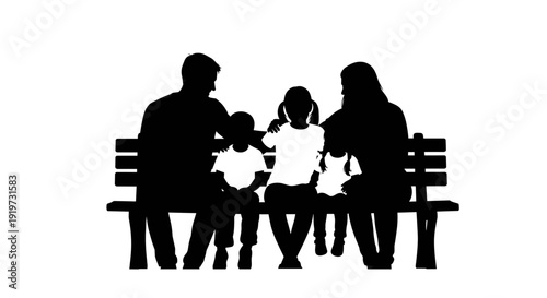 Family Silhouette Sitting Together on Bench.