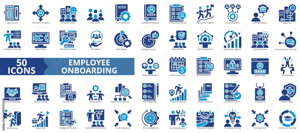 Εκτύπωση καμβά employee onboarding icon set flat style illustration