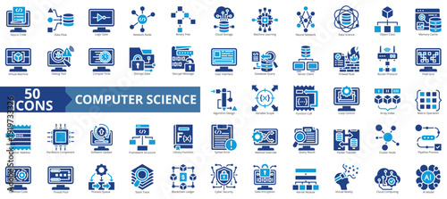 computer science icon set flat style illustration. containing source code,data flow,logic gate,network node,binary tree,cloud storage,machine learning,neural network,data science,object class icon