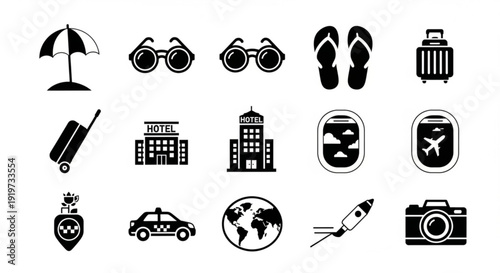 Travel and tourism icons set including umbrella binoculars flip flops luggage hotel airplane car and globe on white background